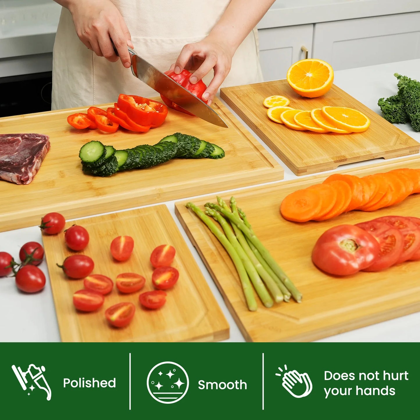 4-piece extra large kitchen bamboo cutting board set, heavy duty cutting board, inner handle design.
