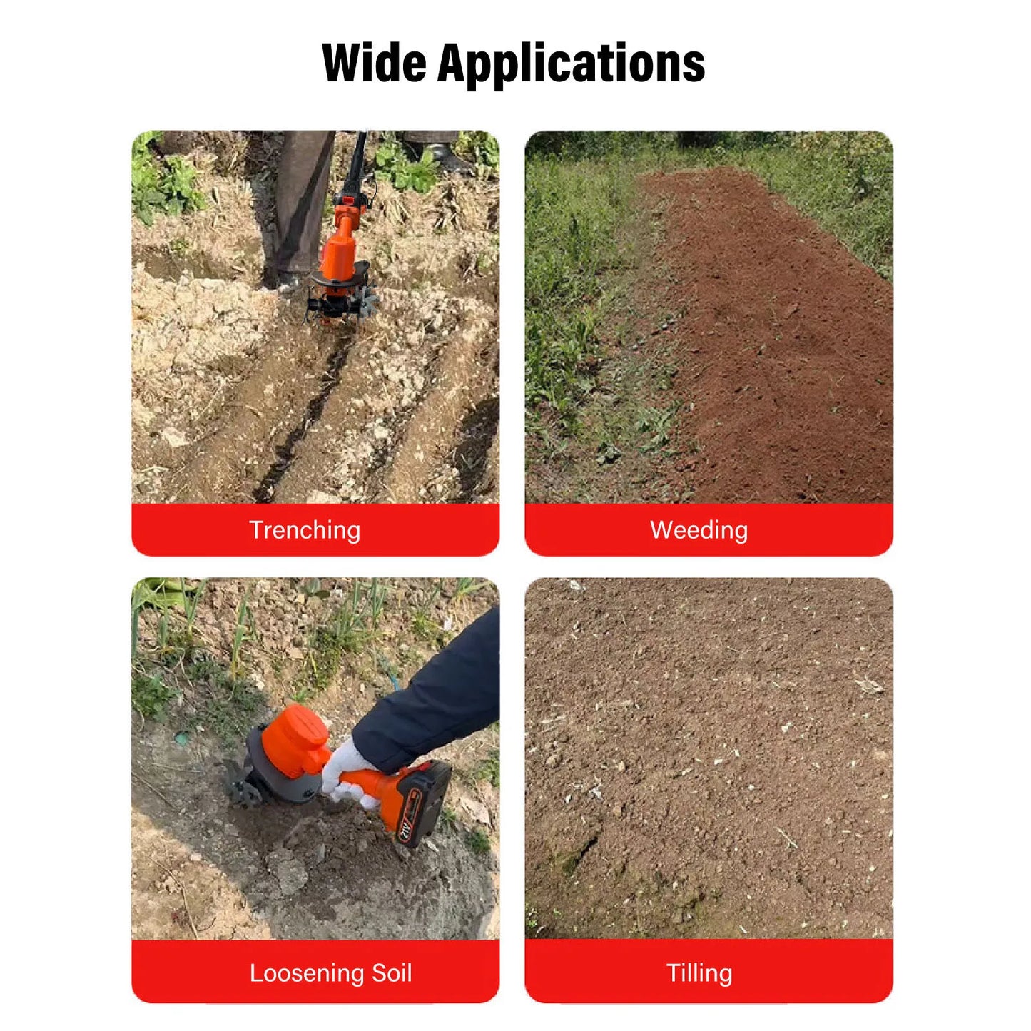 Cordless Tiller Cultivator Battery Powered Garden Cultivator. Mini Tiller for Weeding, Battery Charger Included