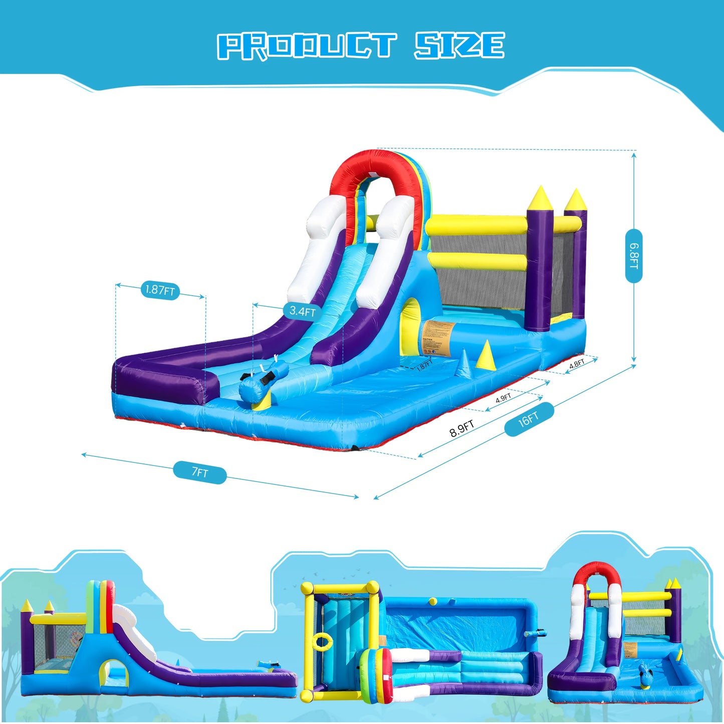 16ft Inflatable Water Slide Bounce House w/ Splash Pool for Kids, Backyard Party