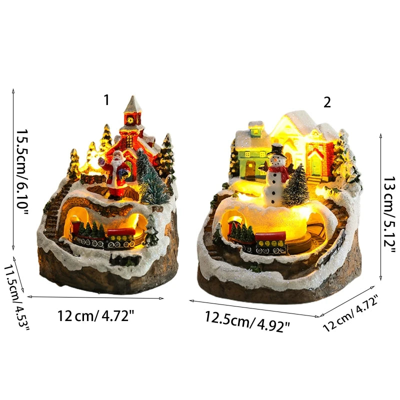 For Creative LED Lights Christmas Small Train Village House Luminous Landscape Snow Figurines