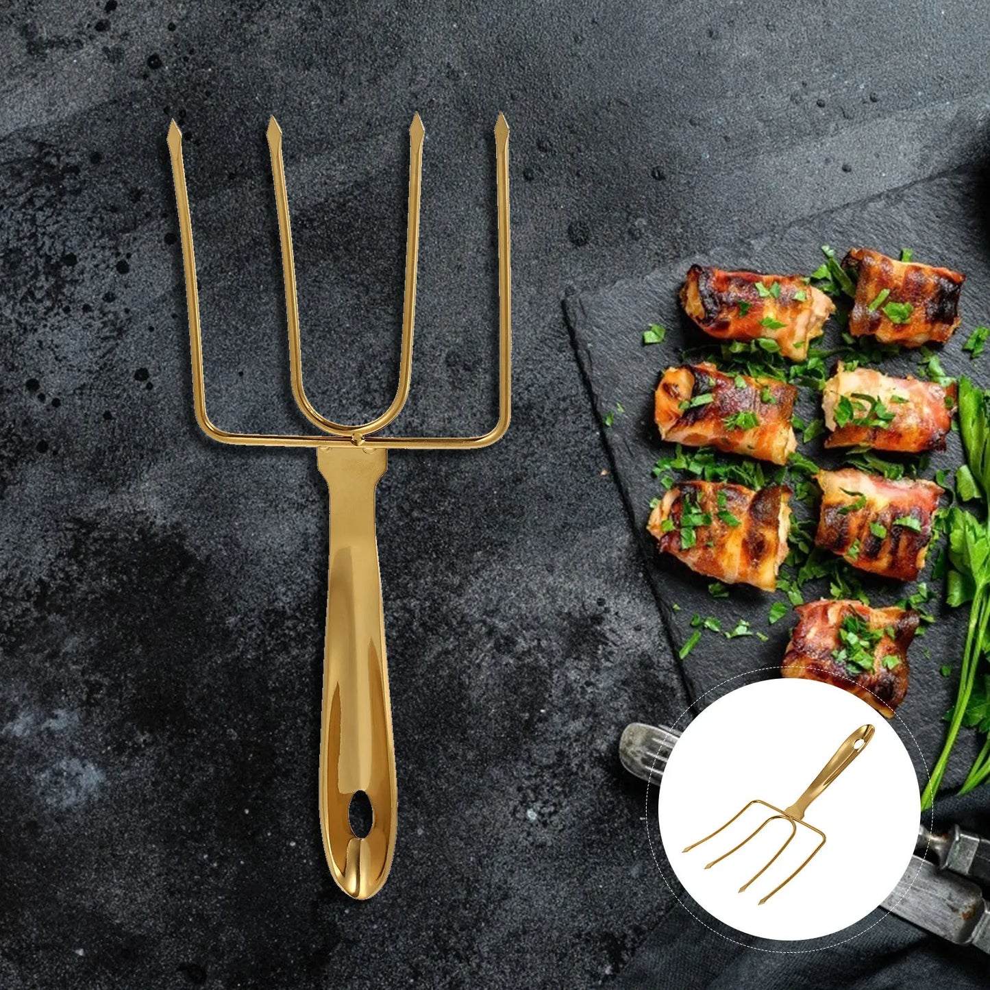 1pc Stainless Steel Bbq Fork Long Handle. Ergonomic Grip for Roasting & Skewer For Turkey, Chicken & Lamb Steak. Outdoor Grilling Camping