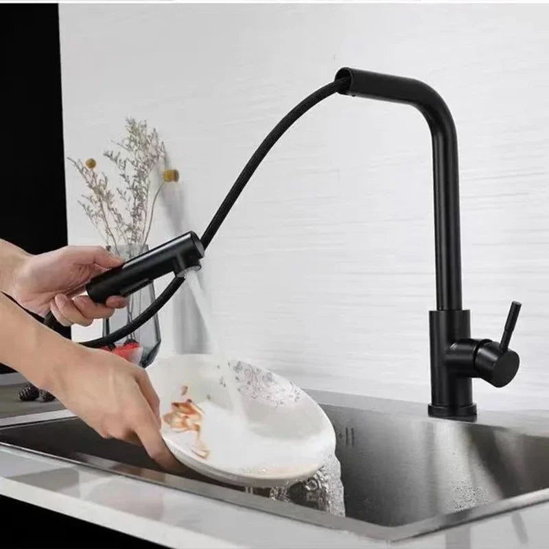 Black Pull Out Kitchen Sink Faucet Two Model Stream Sprayer Nozzle