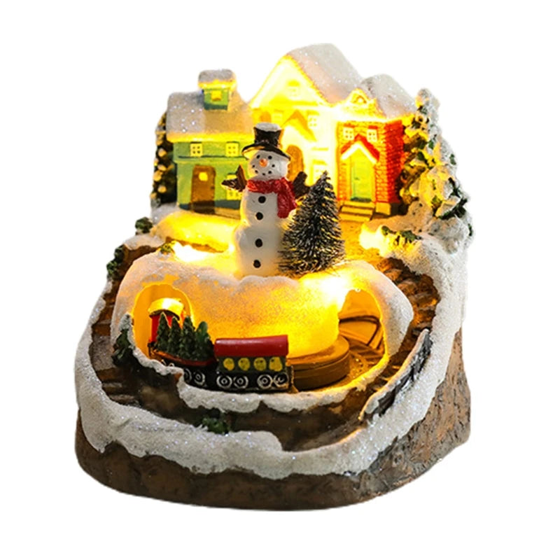 For Creative LED Lights Christmas Small Train Village House Luminous Landscape Snow Figurines