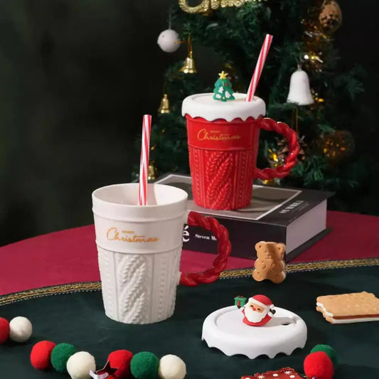 Christmas Themed Ceramic Mug Set with Lid & Straw for Coffee Lover