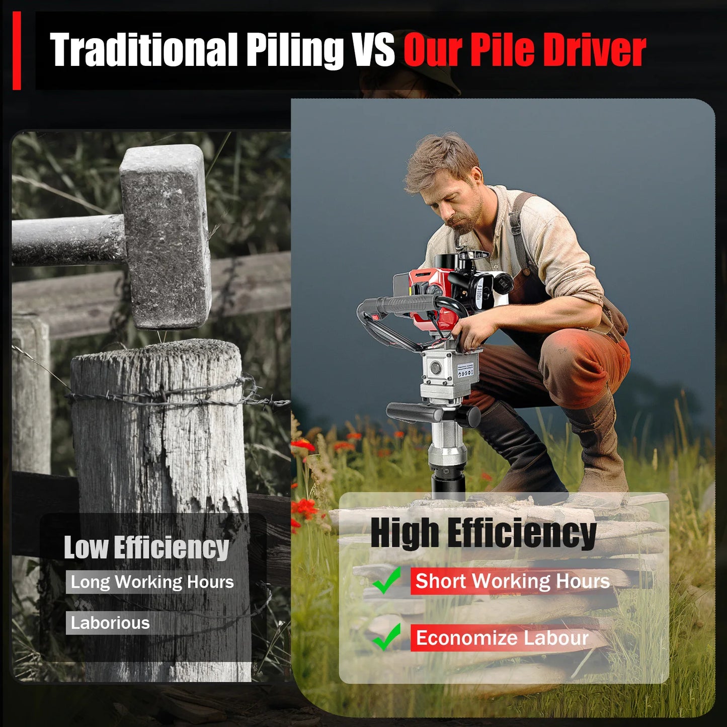 2-Stroke 32.6cc Heavy Duty Fence Hammer T Post Driver Gasoline Petrol Powered Pile Driver 900W For Garden Farm