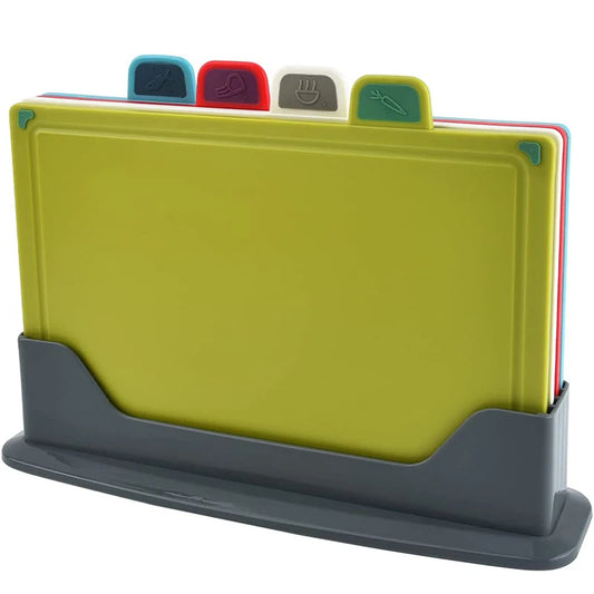 4Pcs Color-Coded Plastic Cutting Board Set with Storage Stand & Slip-Resistant Design