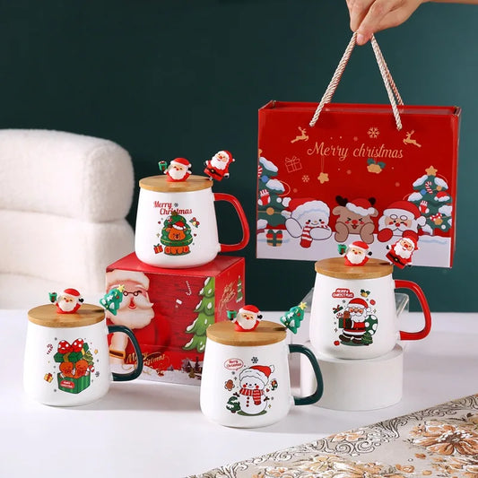 Christmas Themed Santa Reindeer Ceramic Coffee Mug with Lid and Spoon Perfect Holiday Gift