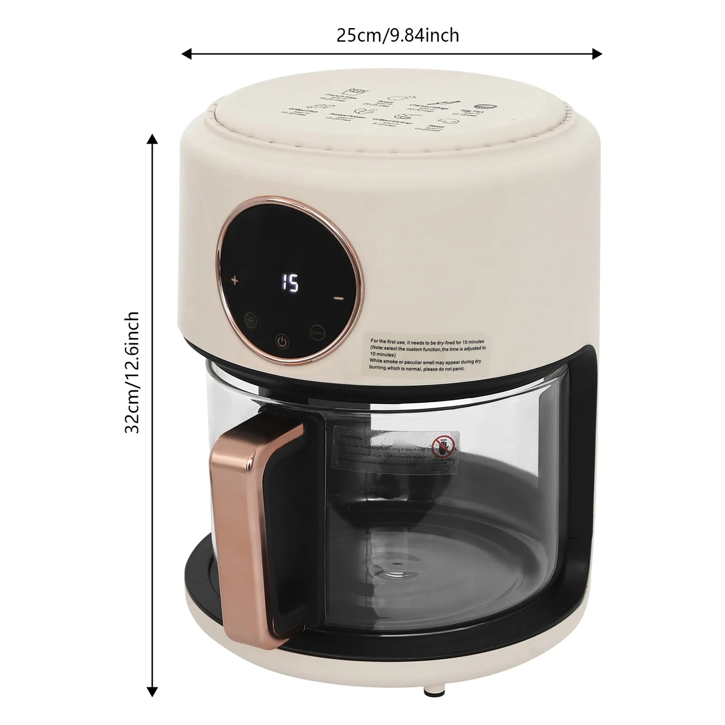 6-in-1 Functions Airy Fryer, 4.2L 1200W Glass Air Fryer, 360° Viewable, Digital Display, Adjustable Temp 80~200℃