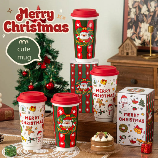 Christmas Ceramic Mug, Coffee Cup with Silicone Lid and Gift Box, Latte Mug, Here Comes Santa Claus Gifts