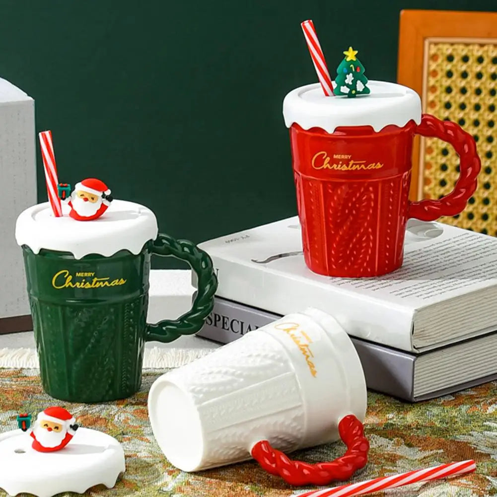 Christmas Themed Ceramic Mug Set with Lid & Straw for Coffee Lover