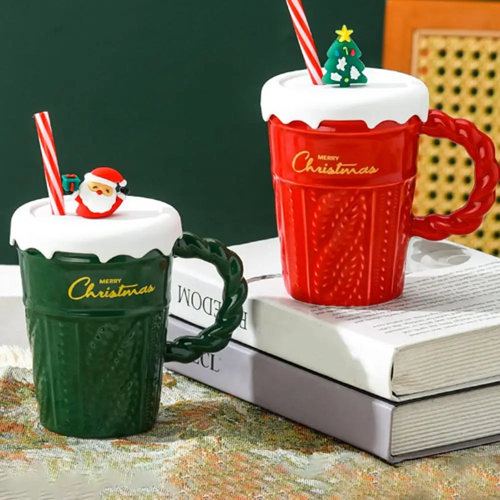 Christmas Themed Ceramic Mug Set with Lid & Straw for Coffee Lover