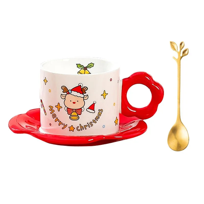 Ceramic Cup Saucer Set with Spoon Christmas Themed Coffee Cup, Perfect for Gift & Present