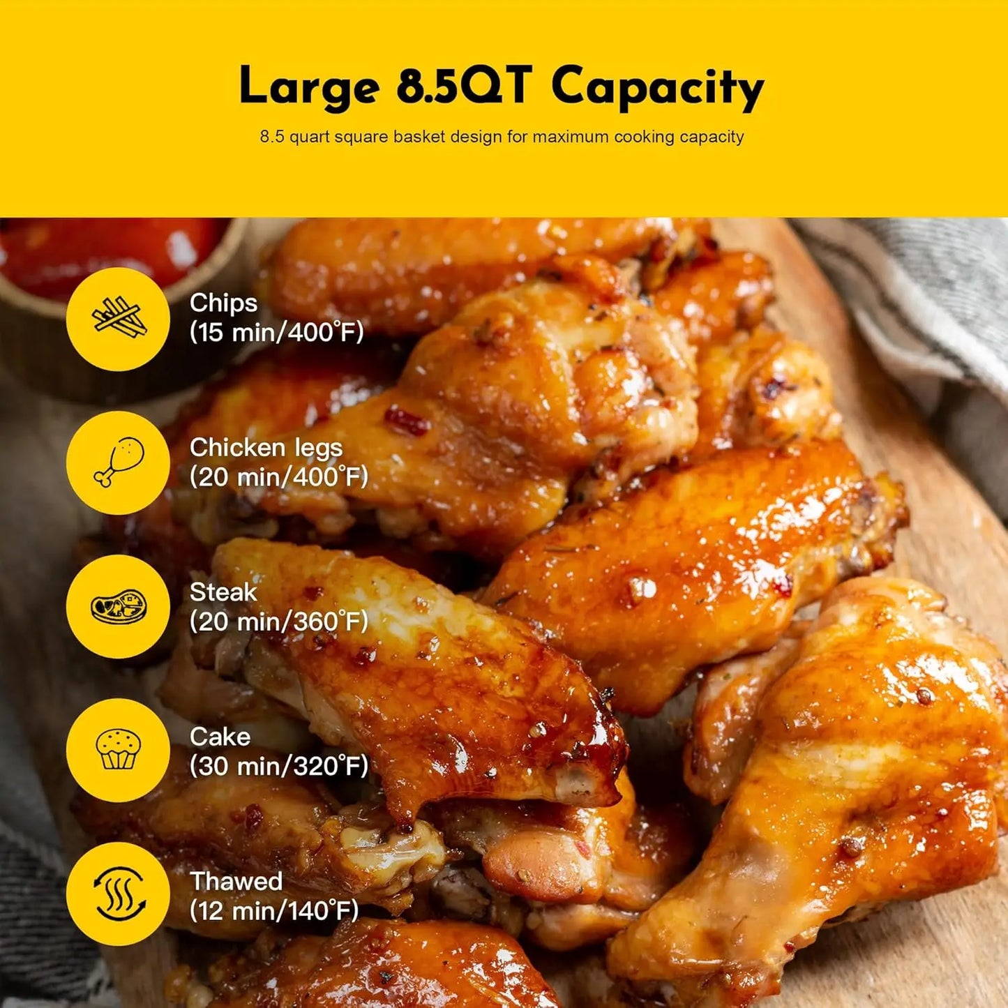 8.5QT Air Fryer, Upgraded Family Size Capacity, Visual Window, Square Basket Stainless Steel Air Fryers