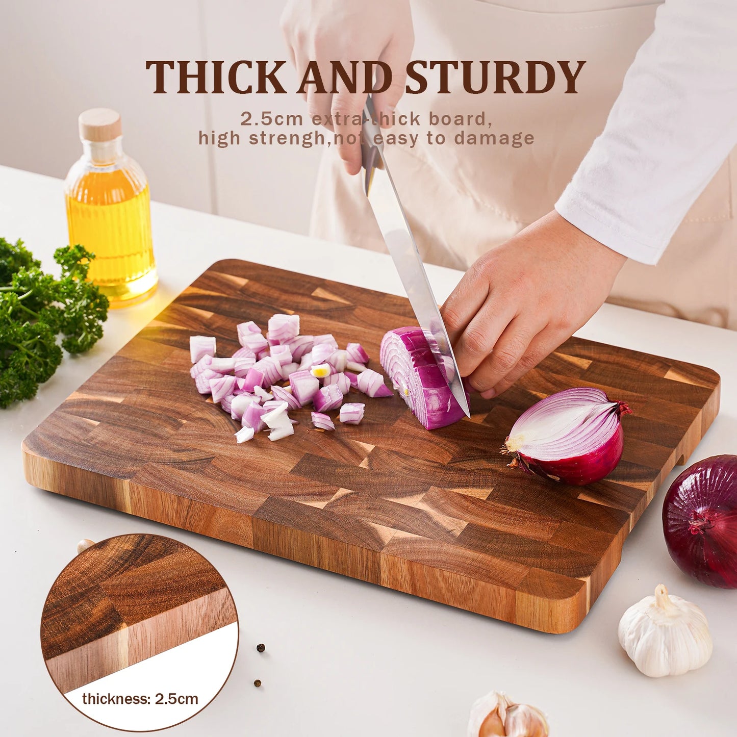 High Quality 15 inch Rectangular Cutting Board End Grain Acacia Wood Chopping Board with Side Handle