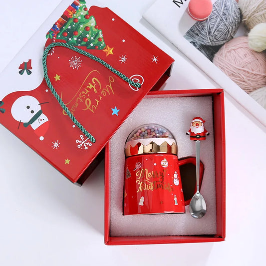 Christmas Mugs with lid and Santa Claus spoon Ceramic Cup for Home or Office.