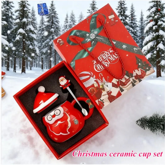 New Year Gift Set Ceramic Christmas Mug with Lid Spoon
