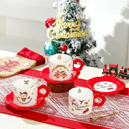 Ceramic Cup Saucer Set with Spoon Christmas Themed Coffee Cup, Perfect for Gift & Present