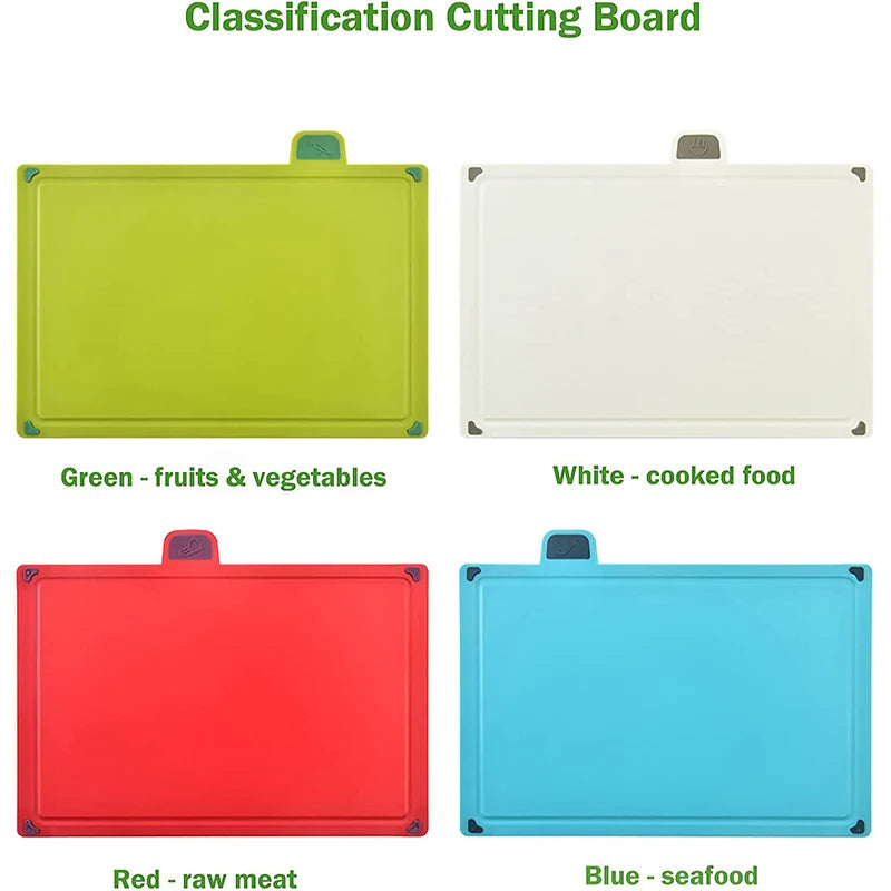 4Pcs Color-Coded Plastic Cutting Board Set with Storage Stand & Slip-Resistant Design