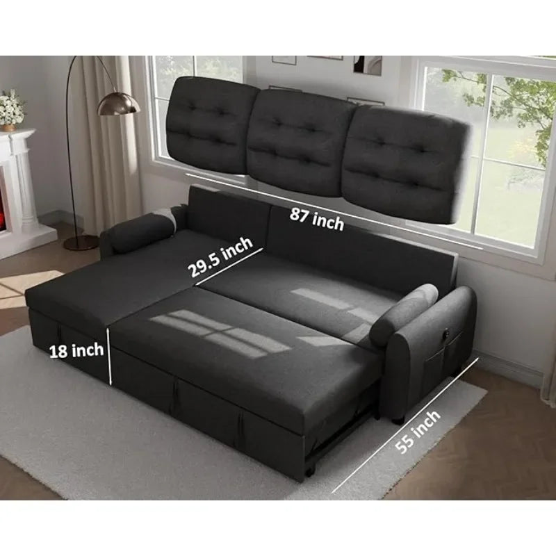 Sectional Sofa Couch, 87" Sleeper Sofa Bed