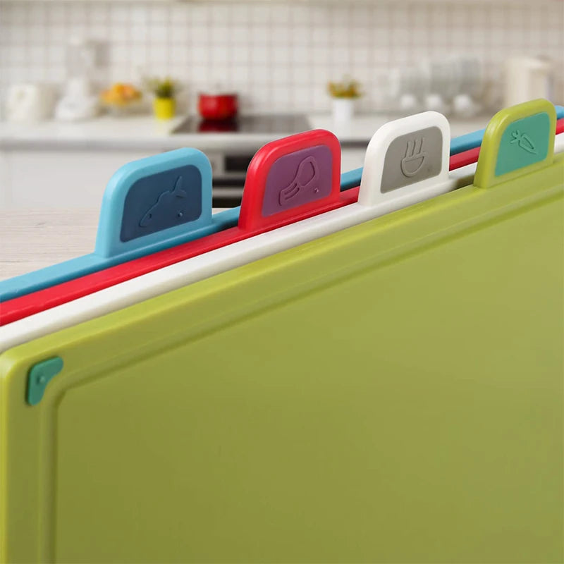 4Pcs Color-Coded Plastic Cutting Board Set with Storage Stand & Slip-Resistant Design
