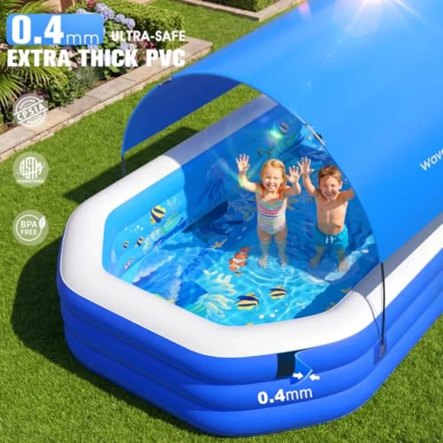Backyard inflatable pool for kids and adults, PVC blue ocean-themed, oversized thickened 118x75x22, includes canopy for Sun shade protection