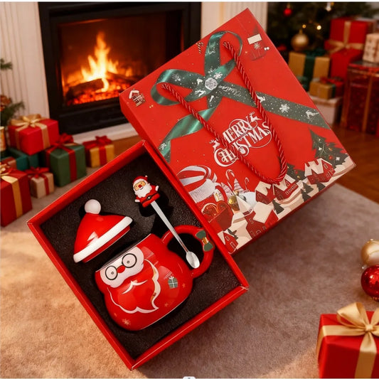 Cute Ceramic Christmas Mug with Lid Spoon Coffee Cup