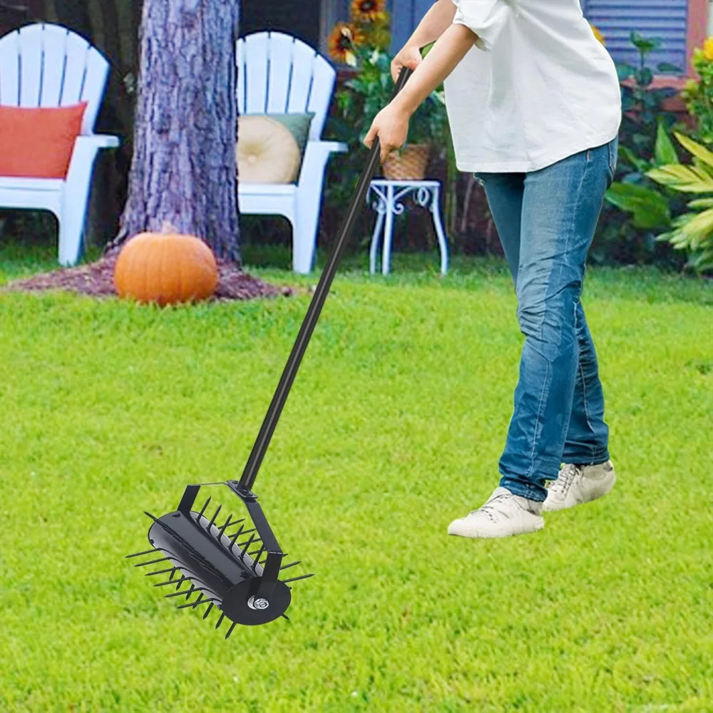 Heavy Duty Lawn Aerator Roller, Manual Tool Soil Penetration with Long Handle Durable Spikes Garden Grass Maintenance