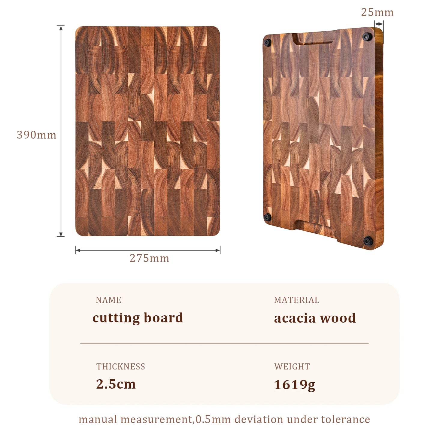 High Quality 15 inch Rectangular Cutting Board End Grain Acacia Wood Chopping Board with Side Handle