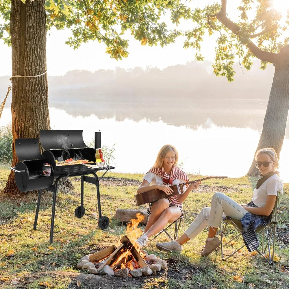 Large Outdoor BBQ Smoker Grill with Offset Smoker and Wheels for Backyard and Patio Parties