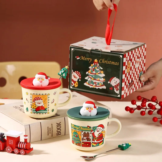Festive Christmas Themed Ceramic Coffee Mug with Lid & Spoon Holiday Gift Box