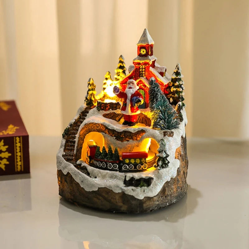 For Creative LED Lights Christmas Small Train Village House Luminous Landscape Snow Figurines