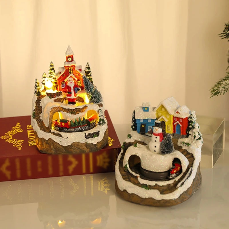 For Creative LED Lights Christmas Small Train Village House Luminous Landscape Snow Figurines