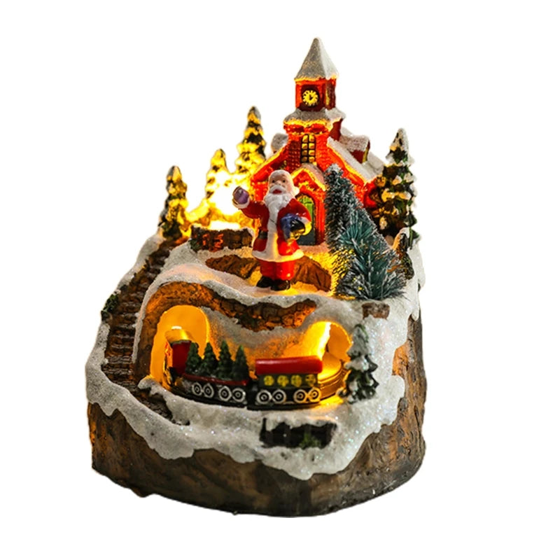 For Creative LED Lights Christmas Small Train Village House Luminous Landscape Snow Figurines