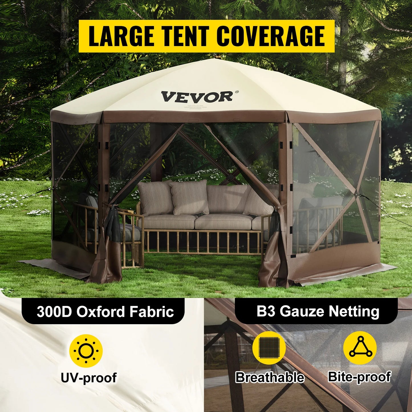 SucceBuy Pop-up Camping Gazebo Canopy Shelter 6 Sided 12' x 12' / 10' x 10' Sun Shade Tents & Canopies Camping & Hiking