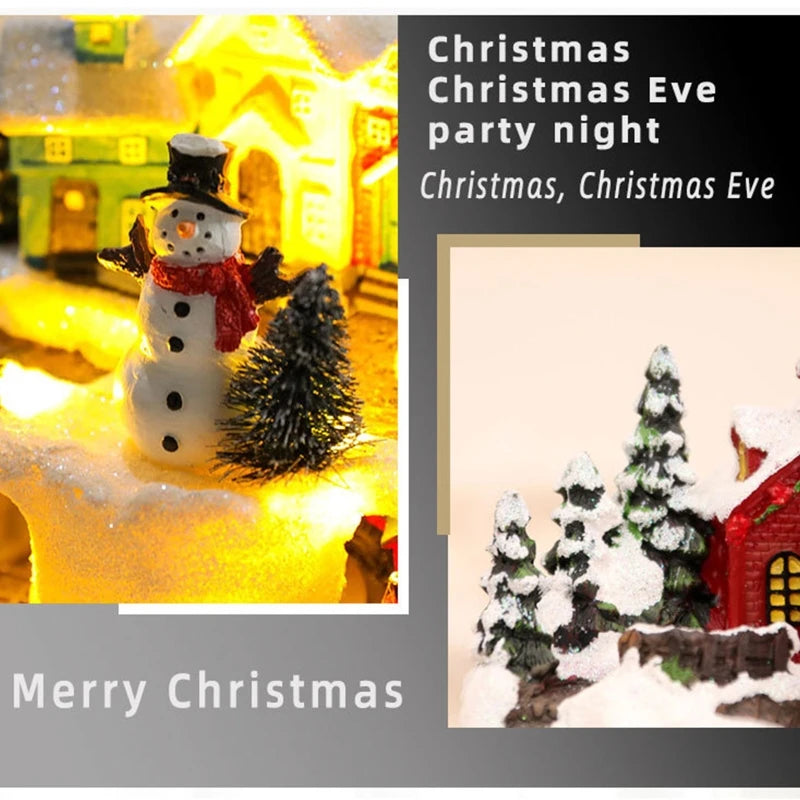 For Creative LED Lights Christmas Small Train Village House Luminous Landscape Snow Figurines