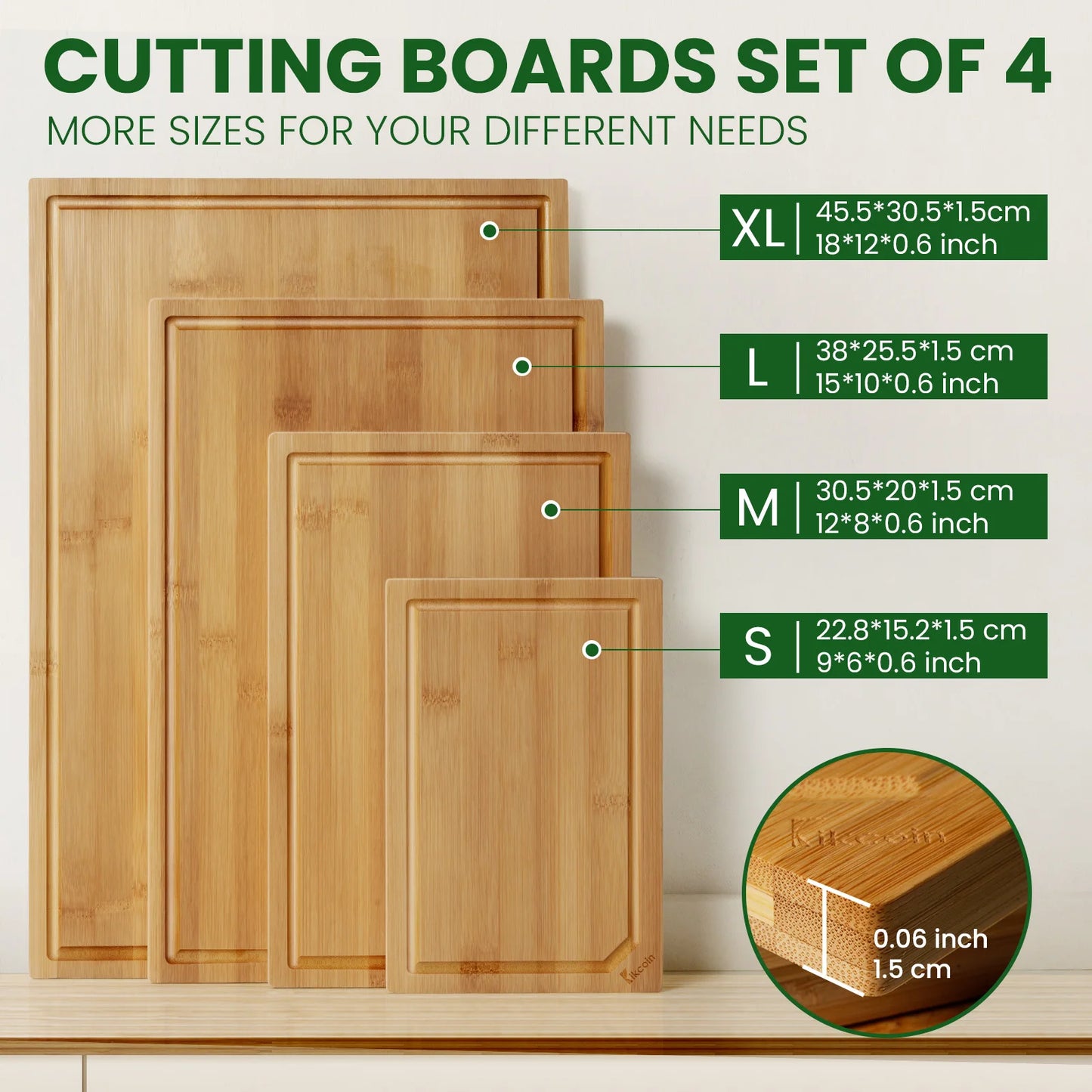 4-piece extra large kitchen bamboo cutting board set, heavy duty cutting board, inner handle design.