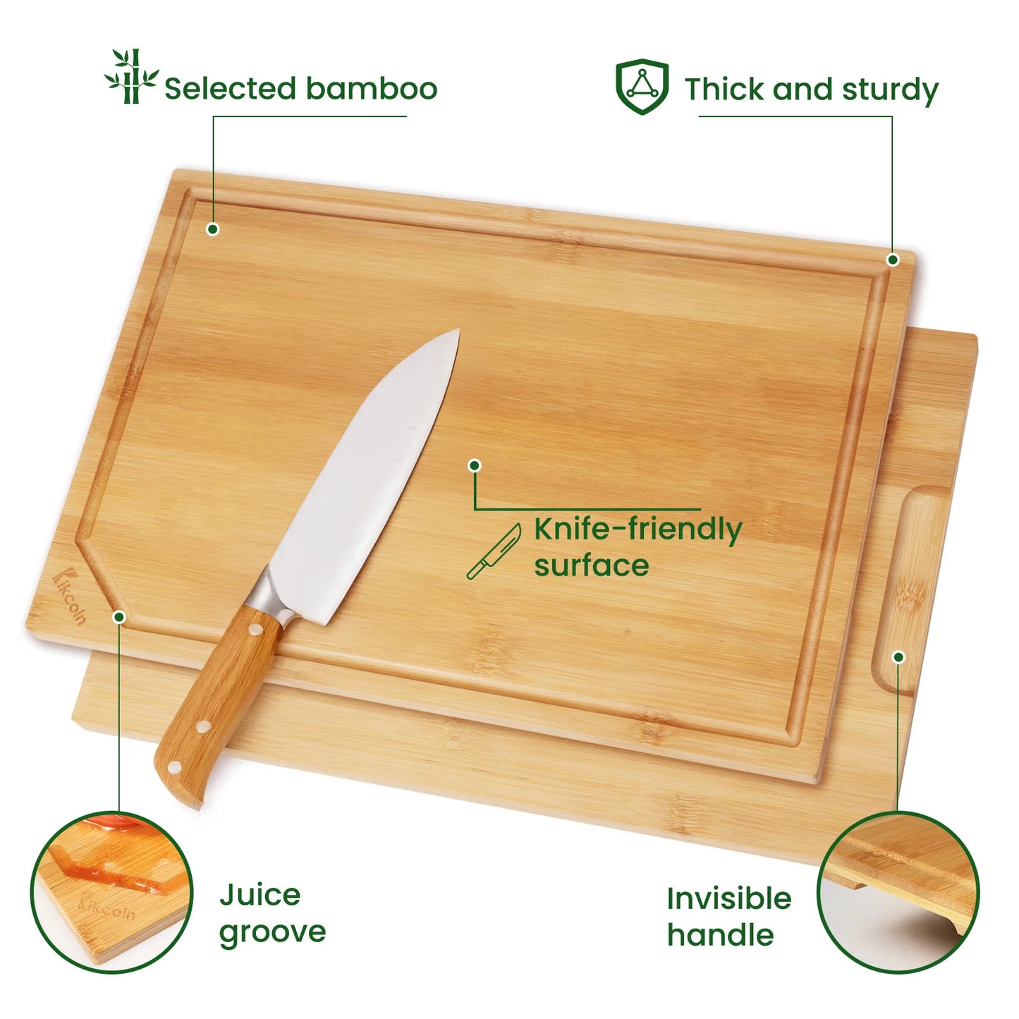 4-piece extra large kitchen bamboo cutting board set, heavy duty cutting board, inner handle design.
