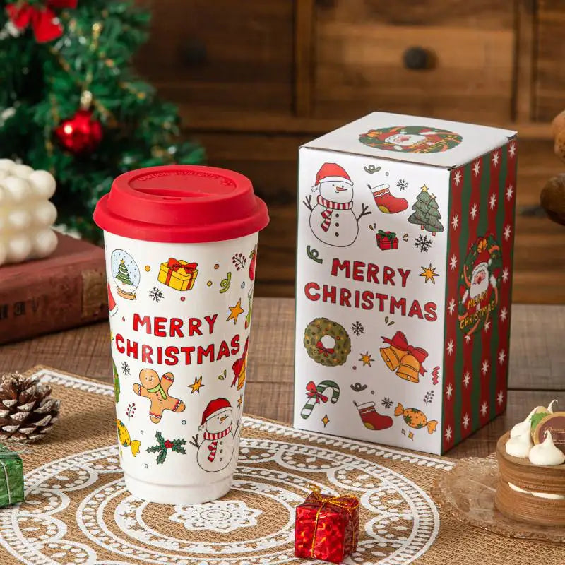 Christmas Ceramic Mug, Coffee Cup with Silicone Lid and Gift Box, Latte Mug, Here Comes Santa Claus Gifts