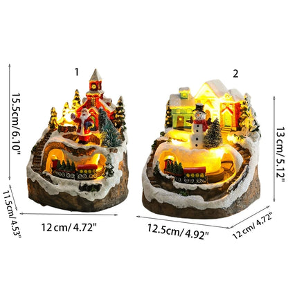 For Creative LED Lights Christmas Small Train Village House Luminous Landscape Snow Figurines
