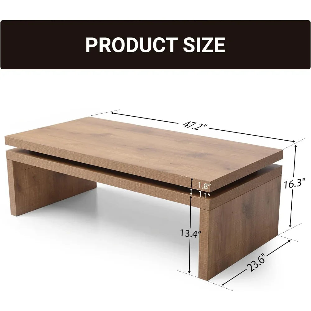 Wood Coffee Table, Mid Century Modern Simple Living Room Table, Farmhouse Rectangle Center Tables with Natural Solid Firwood