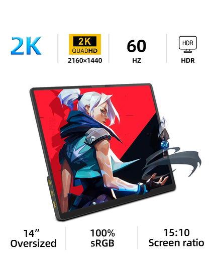 ZSUS 2160*1440  14-inch 2K Portable Monitor 60HZ For Laptop, XBox, PS4/5, Switch, TV Box, Cell Phone & PC