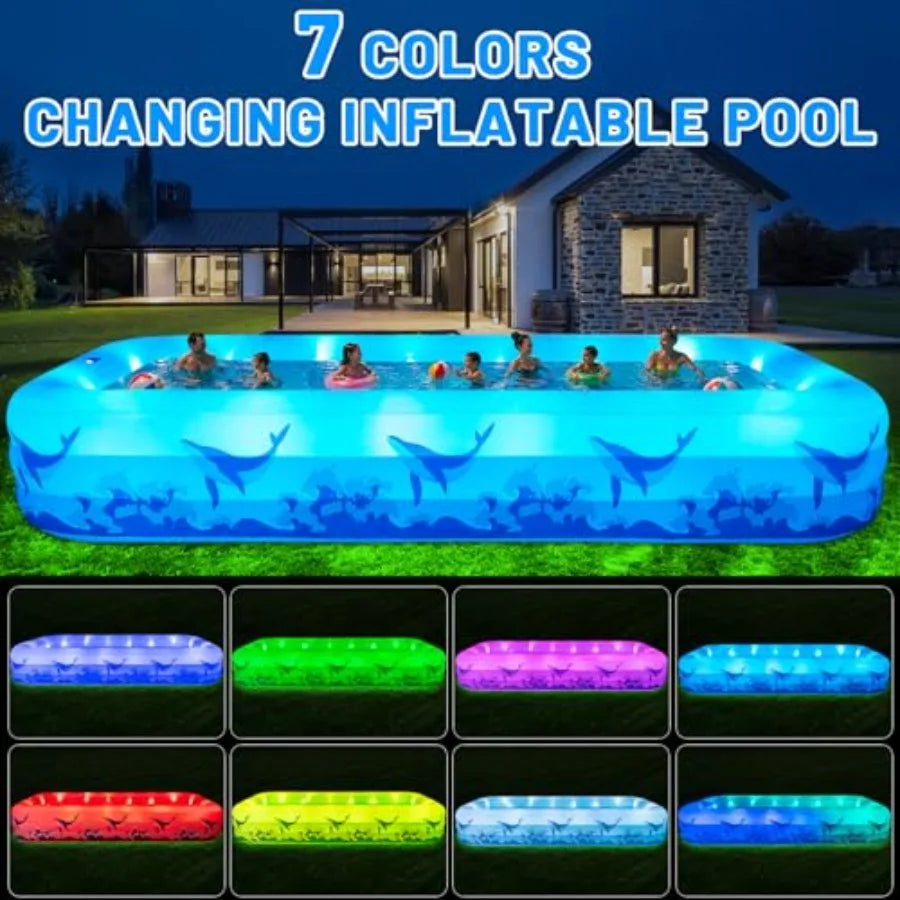Backyard outdoor inflatable swimming pool for kids and adults, durable thickened PVC, multicolor 7-color LED light,solar-powered