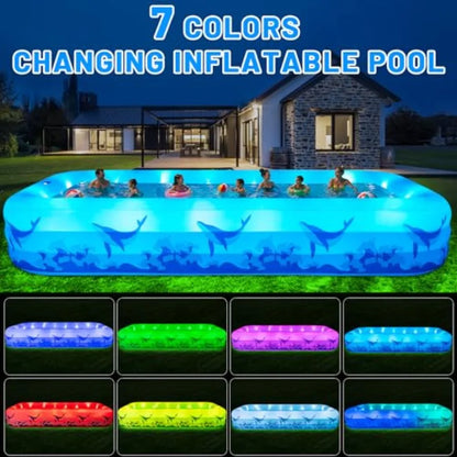 Backyard outdoor inflatable swimming pool for kids and adults, durable thickened PVC, multicolor 7-color LED light,solar-powered