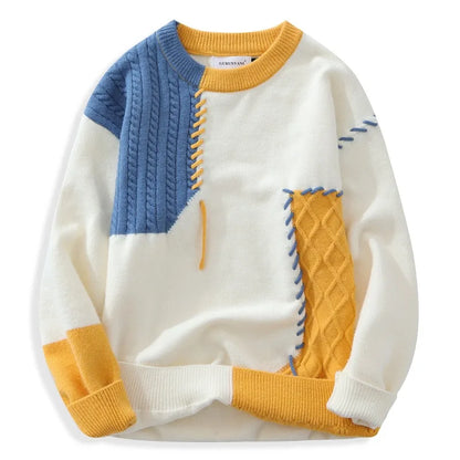 2025 Fall Winter Warm Men Sweaters, Korean Style with Patchwork Pullovers Round Neck Knitted Sweater