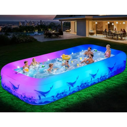 Backyard outdoor inflatable swimming pool for kids and adults, durable thickened PVC, multicolor 7-color LED light,solar-powered