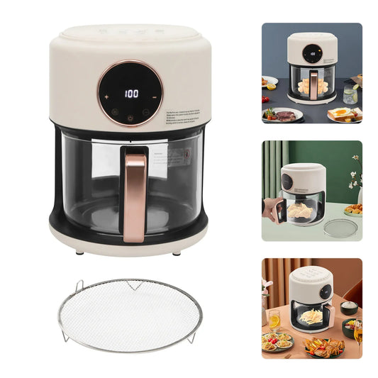 6-in-1 Functions Airy Fryer, 4.2L 1200W Glass Air Fryer, 360° Viewable, Digital Display, Adjustable Temp 80~200℃
