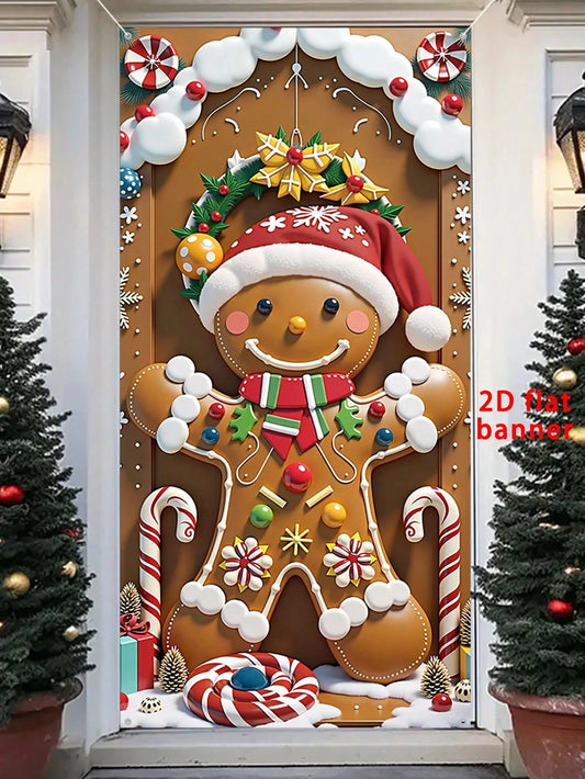 Christmas gingerbread man design door banner. Perfect for porch, patio, garage. Christmas party decoration