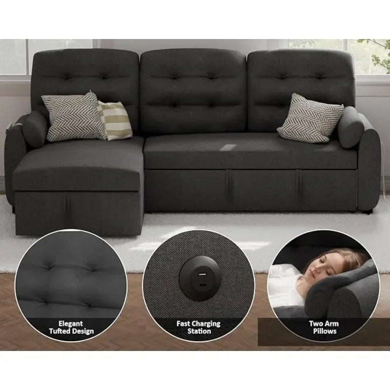 Sectional Sofa Couch, 87" Sleeper Sofa Bed