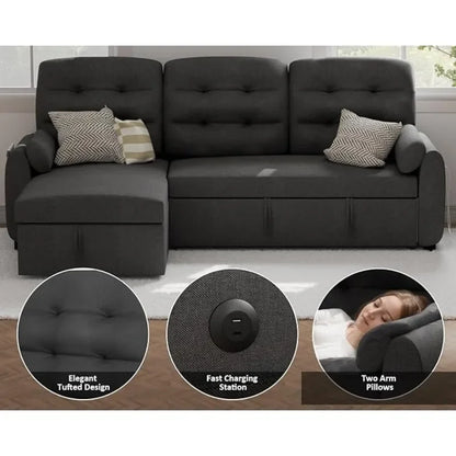 Sectional Sofa Couch, 87" Sleeper Sofa Bed