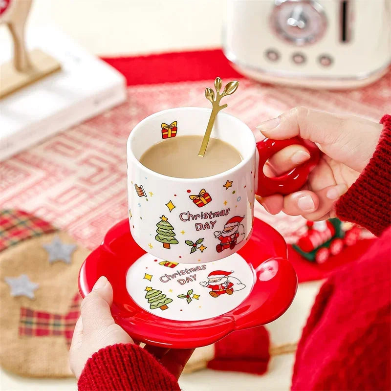 Ceramic Cup Saucer Set with Spoon Christmas Themed Coffee Cup, Perfect for Gift & Present